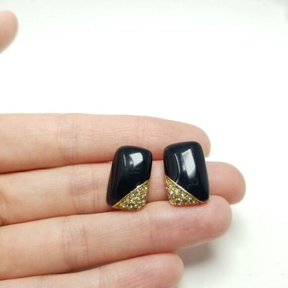 Vintage Black and Gold Tone Rectangle Stud Earrings, Rhinestones, Estate - Picture 2 of 6